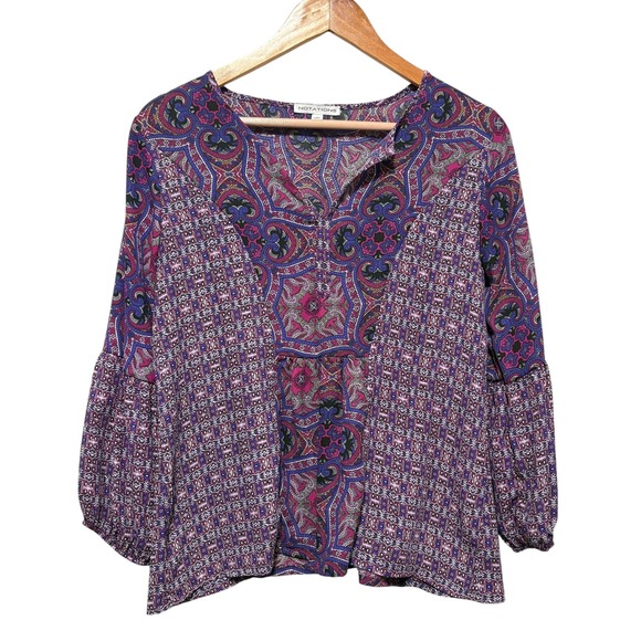 Notations Womens Babydoll Top S Purple Pink Boho Festival Retro Print Peasant - Picture 1 of 7